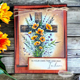 Red-framed sunburst card of the cross with orange blooms and the sentiment on kraft