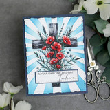 Blue sunray card of the cross with red poppies and the in-your-own-time sentiment