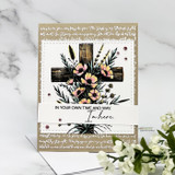 Script-bordered kraft card of peach blooms on the cross with the in-your-own-time sentiment