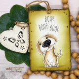 A stamped card showcasing an adorable big-nosed puppy from Unity Stamp Co's Boop the Snoot red rubber stamp set, with the sentiment 'I like you almost as much as I like your dog.'.