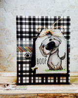 A handmade greeting card with an adorable big-nosed puppy from Unity Stamp Co's Boop the Snoot red rubber stamp set, with the sentiment 'Paws a moment to enjoy the little things today!'.