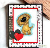A colored card featuring an adorable big-nosed puppy from Unity Stamp Co's Boop the Snoot red rubber stamp set, with the sentiment 'P.S. I love you'.
