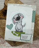 A handmade card featuring an adorable big-nosed puppy from Unity Stamp Co's Boop the Snoot red rubber stamp set, with the sentiment 'Boop.'.