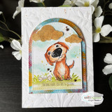 A cardmaking project featuring an adorable big-nosed puppy from Unity Stamp Co's Boop the Snoot red rubber stamp set, with the sentiment 'In dog years you are a zillion.'.