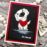 A stamped card showcasing an adorable big-nosed puppy from Unity Stamp Co's Boop the Snoot red rubber stamp set, with the sentiment 'I like you almost as much as I like your dog.'.