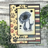 A handmade greeting card with an adorable big-nosed puppy from Unity Stamp Co's Boop the Snoot red rubber stamp set, with the sentiment 'Paws a moment to enjoy the little things today!'.