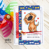 A stamped card showcasing an adorable big-nosed puppy from Unity Stamp Co's Boop the Snoot red rubber stamp set, with the sentiment 'I like you almost as much as I like your dog.'.