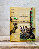 Library-card-style card with the bunny and wildflowers: 'You make the world a little brighter.'