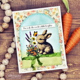Arched card with the bunny and wildflowers over rose paper: 'You make the world a little brighter.'