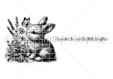 Black-and-white stamp art of a bunny among wildflowers with a small butterfly, and 'You make the world a little brighter.'