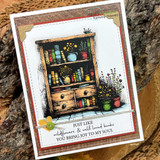 Red-framed card of the wooden book hutch with potted flowers, 'Just like wildflowers and well-loved books you bring joy to my soul'
