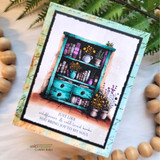 Teal-washed hutch card with white flowers and the wildflowers-and-books sentiment