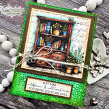 Emerald mixed-media card of the book hutch wrapped in twine with silver charms