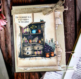 Antique-style card of the hutch with 'Our friendship is a cozy nook' tag and burlap bow