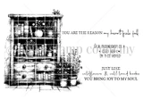 Red rubber stamp sheet with a heavily inked shelf unit of jars, books and plants, beside 'YOU ARE THE REASON my heart feels full.' and 'OUR FRIENDSHIP IS A COZY NOOK IN THIS WORLD'.