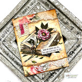 Card with an open book and a rose over a vintage panel, 'When no words will do... this card is my hug to you'