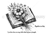 The Together in This red rubber stamp — detailed flowers blooming from an open book with 'Together in this' and 'I see their love in every little detail of your strength.'