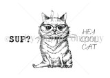 Red rubber stamp sheet: a grumpy tabby cat wearing round glasses with the 'Sup?' and 'hey cool cat' sentiments.