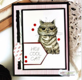 Black-and-white striped card with the grey cat in glasses and 'hey cool cat' on an angled banner with red dots.
