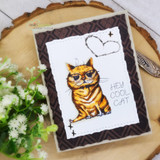 Clean white card with the ginger tabby on a stitched panel, a hand-drawn heart and 'hey cool cat' beside him.