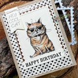 Woodgrain-and-lace card with the tabby colored soft brown, 'hey cool cat' banner and a 'Happy Birthday' strip.