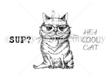 Red rubber stamp sheet: a grumpy tabby cat wearing round glasses with the 'Sup?' and 'hey cool cat' sentiments.