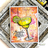 Mixed-media card with the margarita glass over rusty collage textures and 'Mamacita needs a margarita' in script.