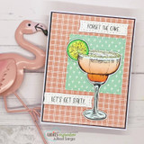 Coral plaid card with a peach margarita, 'Forget the cake.' and 'Let's get salty.' sentiments, styled with a flamingo phone.