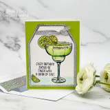 Green card with the margarita in a silver glittered tag frame and the 'grain of salt' birthday sentiment.