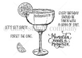 The Gettin' Salty red rubber stamp set: salt-rimmed margarita, lime wedges, and four salty birthday sentiments.