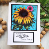 Bright card with a black frame and turquoise background: the coneflower in golden yellow over the rise-back-up sentiment.