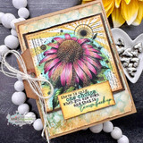 Layered kraft and black card with wood beads: the coneflower colored magenta and green over the rise-back-up sentiment.