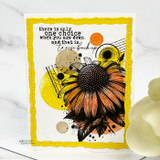 White card with a yellow scalloped frame: the coneflower colored orange and black with mustard collage circles and the rise-back-up sentiment.