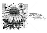 Red rubber stamp sheet with a heavily inked coneflower over a gridded collage square with script and splatter, beside 'there is only one choice when you are down and that is to rise back up'.