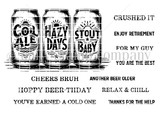 Uncolored red rubber beer-can trio with sentiments including 'Cheers bruh' and 'Hoppy Beer-thday.'