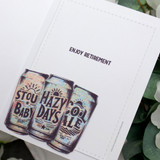 Beer-can trio in muted tones, 'Enjoy retirement,' on a clean white card.