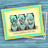 Beer-can trio in teal, 'You've earned a cold one,' on a yellow and aqua card.