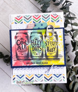 Beer-can trio in bright colors, 'Another beer older,' on a navy card.