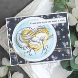 Night floral card with the girl in a moonlit circle and 'Close your eyes and make a wish.'
