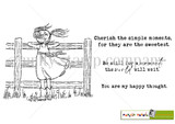 Line art of the I See the Wind red rubber stamp set: a little girl in a dress leaning against a wooden fence with her hair blowing back, plus the sentiments “Cherish the simple moments, for they are the sweetest,” “Be still for a moment, the world will wait” and “You are my happy thought.” Illustrated by Phyllis Harris.