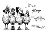 Black-and-white stamp set layout of the row of hens with "why we are friends," "without you by my side," and "what's up chick?"
