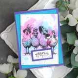 Purple-framed card with a row of fancy colored hens in hats and the "without you by my side" sentiment, greenery around it