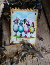 Card with the row of quirky hens on a wood background, "what's up chick?" sentiment, feather accents