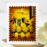 Postage-stamp-shaped card with the row of hens in golden tones and small hearts