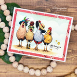 Card with the colorful hens on coral floral paper, "why we are friends" sentiment, wood beads