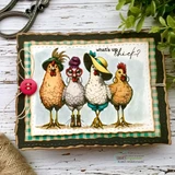 Card with the row of hens on green plaid paper with a red button accent