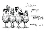 Black-and-white stamp set layout of the row of hens with "why we are friends," "without you by my side," and "what's up chick?"