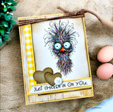 Cream card with a kraft frame featuring a wild, frazzled googly-eyed chicken stamped and colored, with the sentiment "Just chicken in on you" and gingham accents