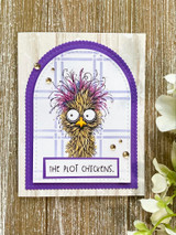 Purple arched card featuring the wild chicken with the "The plot chickens" sentiment