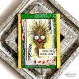 Rustic green-framed card with the colored crazy chicken and "What the actual cluck?!" sentiment